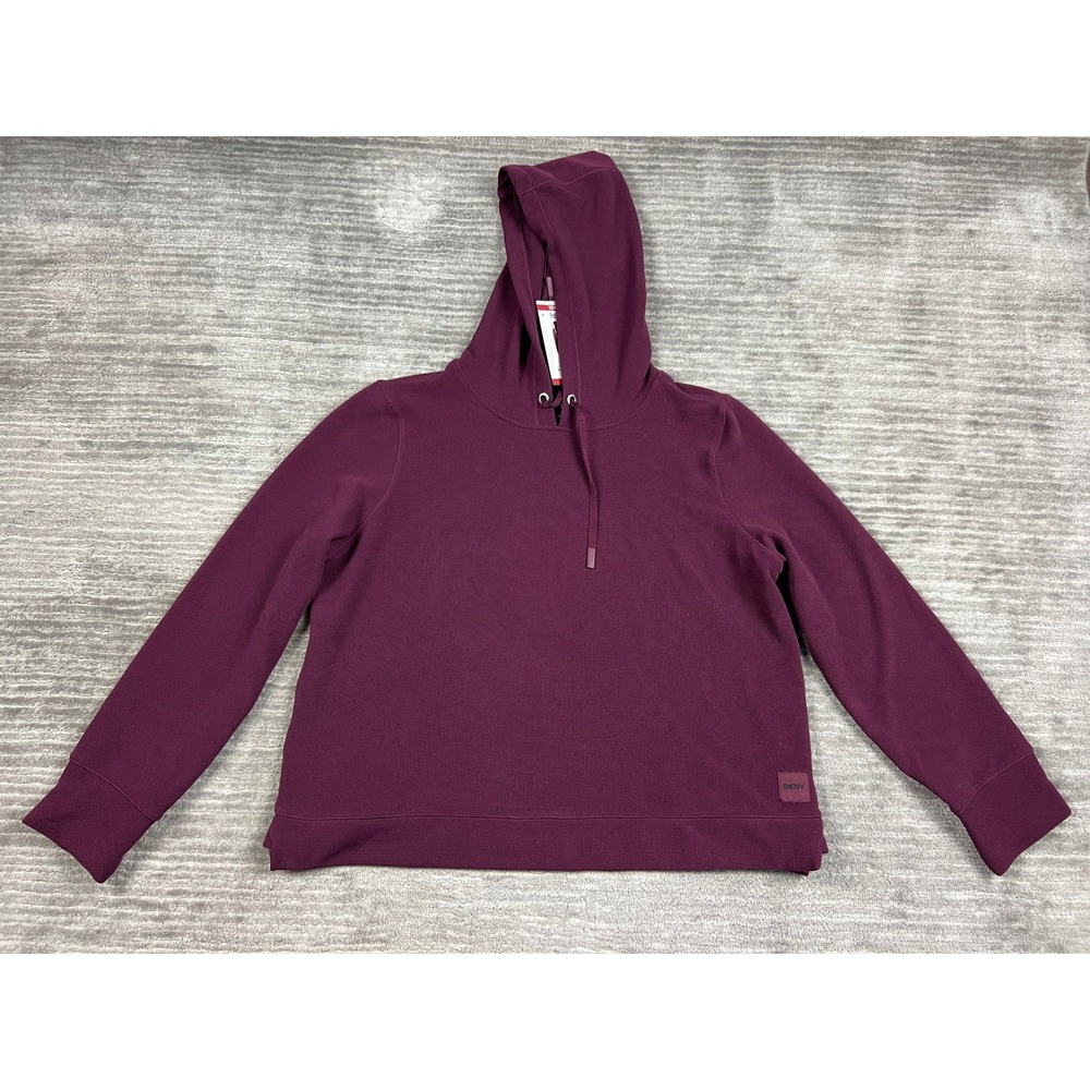 DKNY Tech Waffle Hoodie Women XL Maroon DPMT1234 Pullover Long Sleeve Sporty